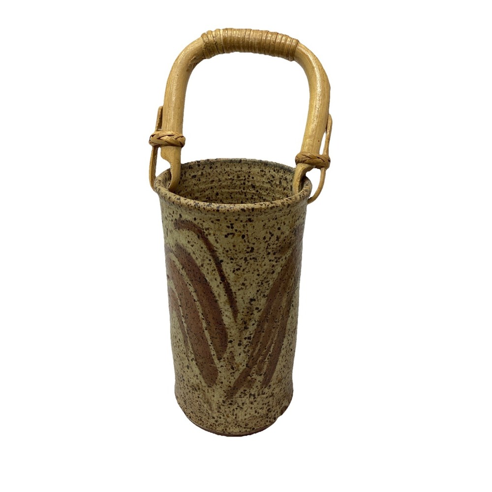 Vintage Studio Art Pottery Stoneware Basket Vase  With Bamboo Handle Signed 6"x3